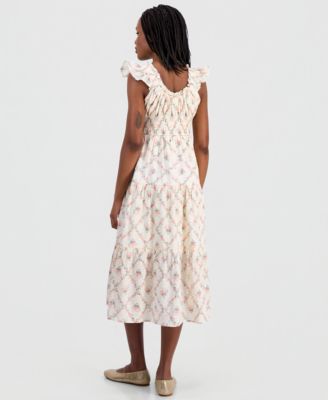 Juniors' Printed Cotton Tiered Midi Dress