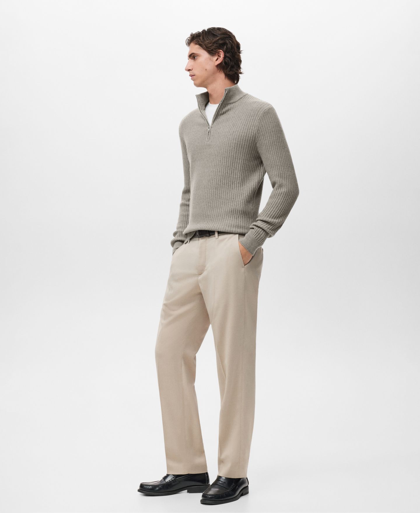 Мужской свитер MANGO Zip Neck Ribbed, цвет: Пастельный зелёный — фото 5