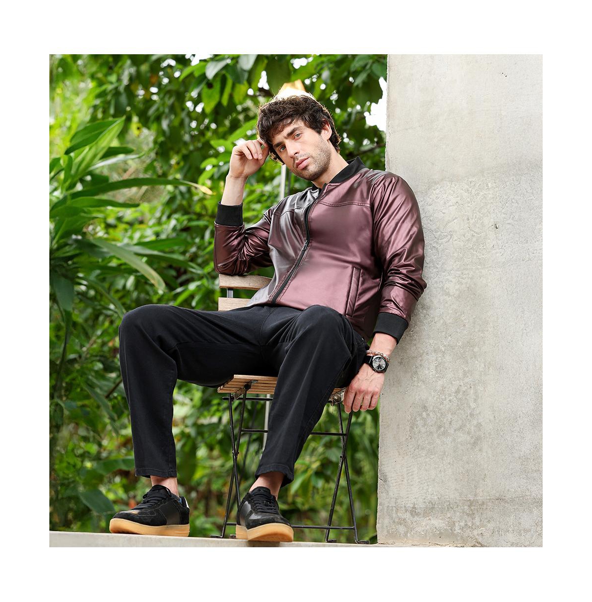 Campus Sutra Men's Chocolate Brown Patent-Panel Bomber Jacket