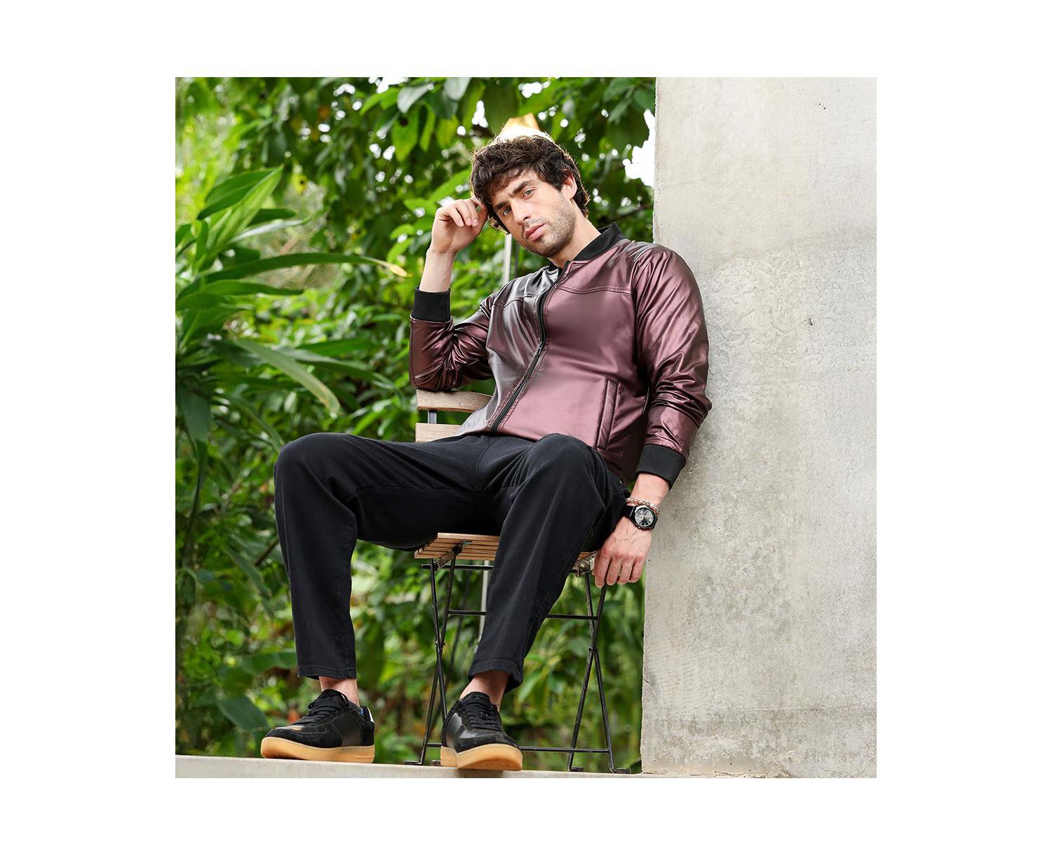 Men's Men's Chocolate Brown Patent-Panel Bomber Jacket