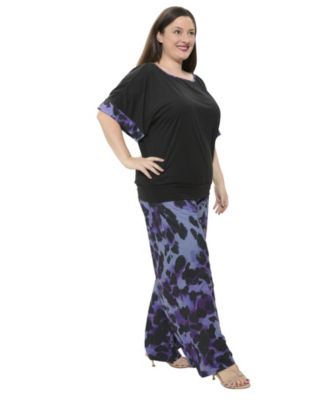 Plus Size Animal Print Boat Neck Short Dolman Sleeve Top and Pant Set