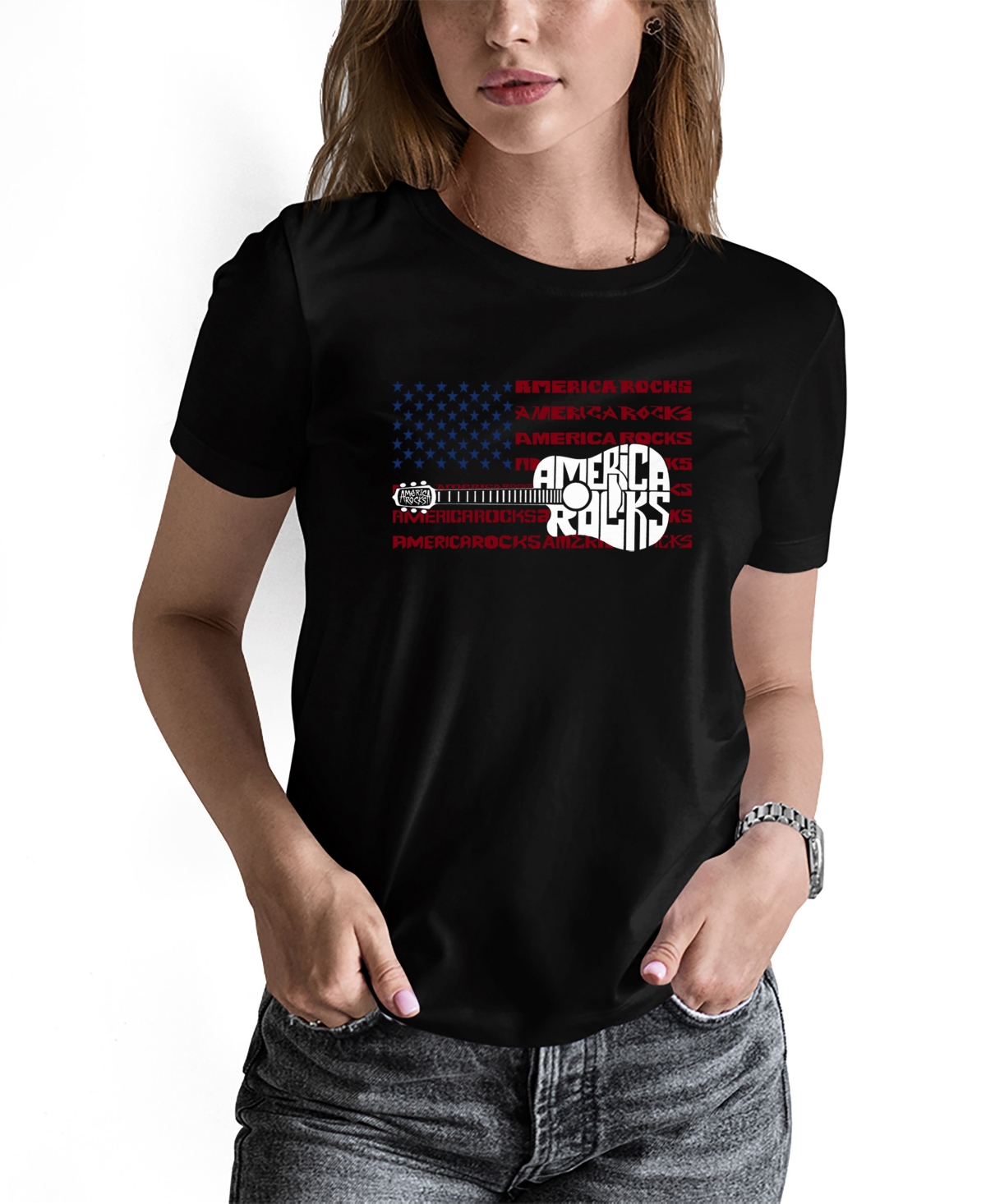 La Pop Art Women's America Rocks Word Art Long Sleeve T-shirt In Black