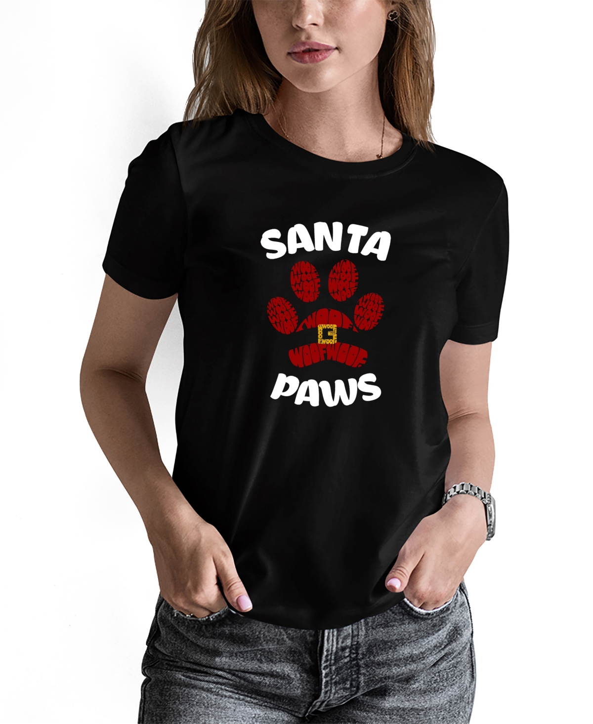 La Pop Art Women's Santa Paws Word Art Long Sleeve T-shirt In Black