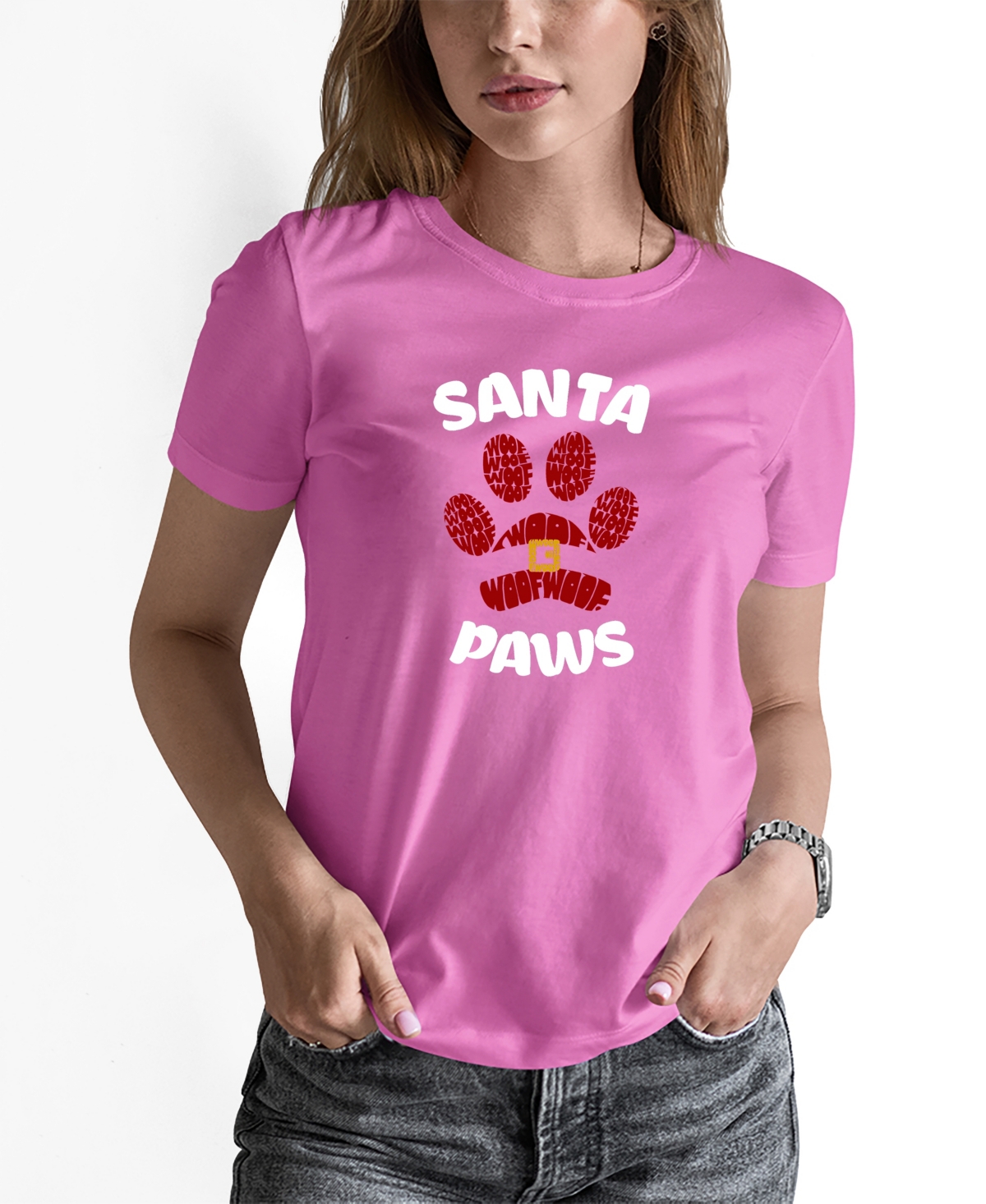 La Pop Art Women's Santa Paws Word Art Long Sleeve T-shirt In Pink