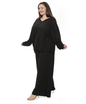 Plus Size V-Neck Long Sleeve Soft Waffle Knit Top and Pant Set
