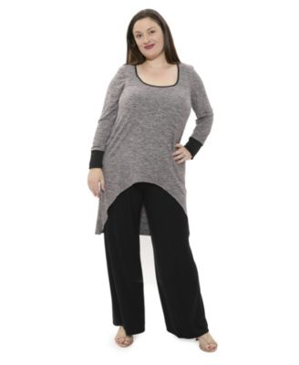 Plus Size Two Tone Scoop Neck Long Sleeve High Low Top and Pant Set