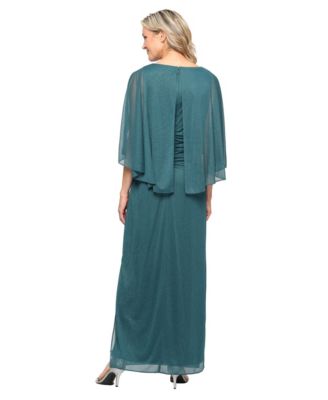 Women's Sparkle Mesh Capelet Ruched Gown