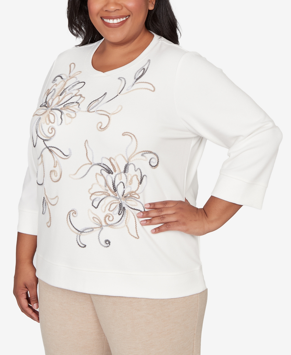 Alfred Dunner Plus Size Comfort & Joy Floral Embroidered Crew Neck Top In White
