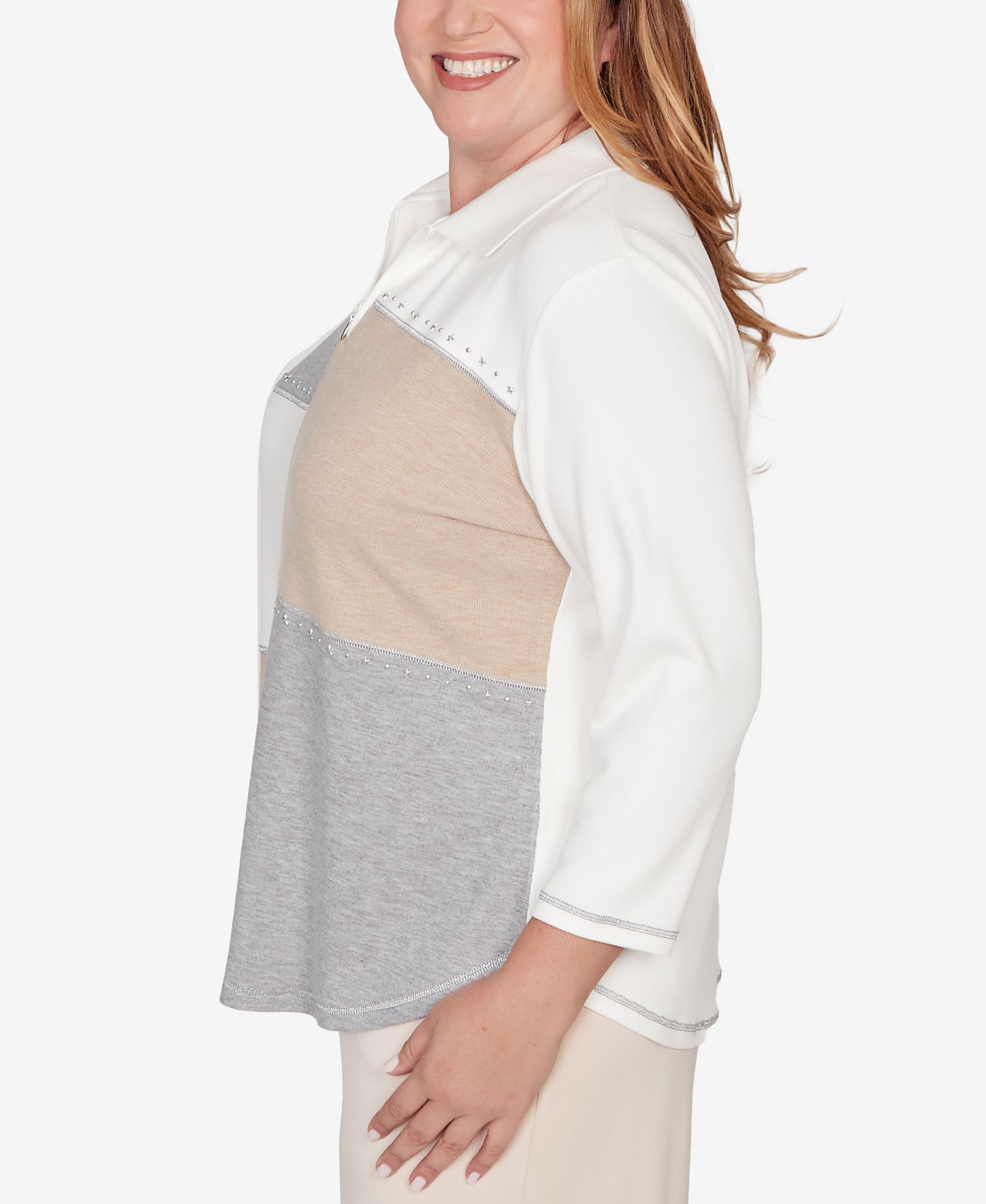 Plus Size Comfort & Joy Colorblock Quarter Zip Patchwork Top
