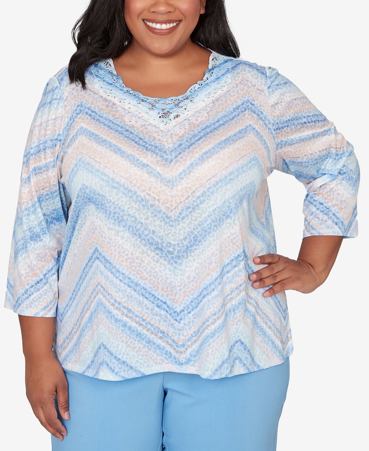 Plus Size St. Augustine Chevron Print Lace Trim Crew Neck Top