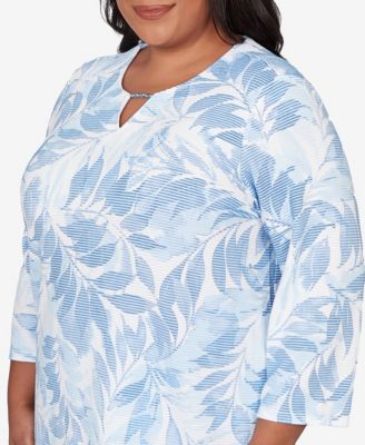 Plus Size St. Augustine Monotone Leaf Print Split Neck Top