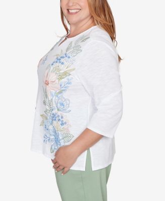 Plus Size St. Augustine Blooming Floral Embroidered Split Neck Top