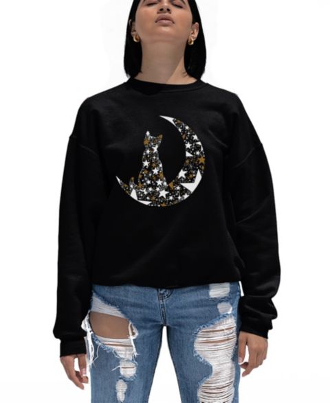 Женская толстовка LA Pop Art Cat Sitting On Moon Word Art Crew Neck, цвет: Чёрный