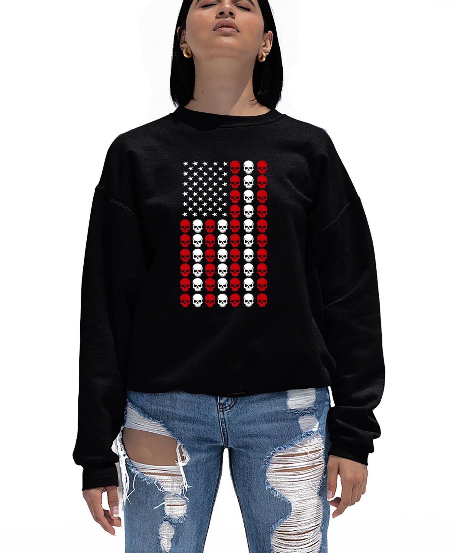 Women's Skull Flag Word Art Crew Neck Sweatshirt