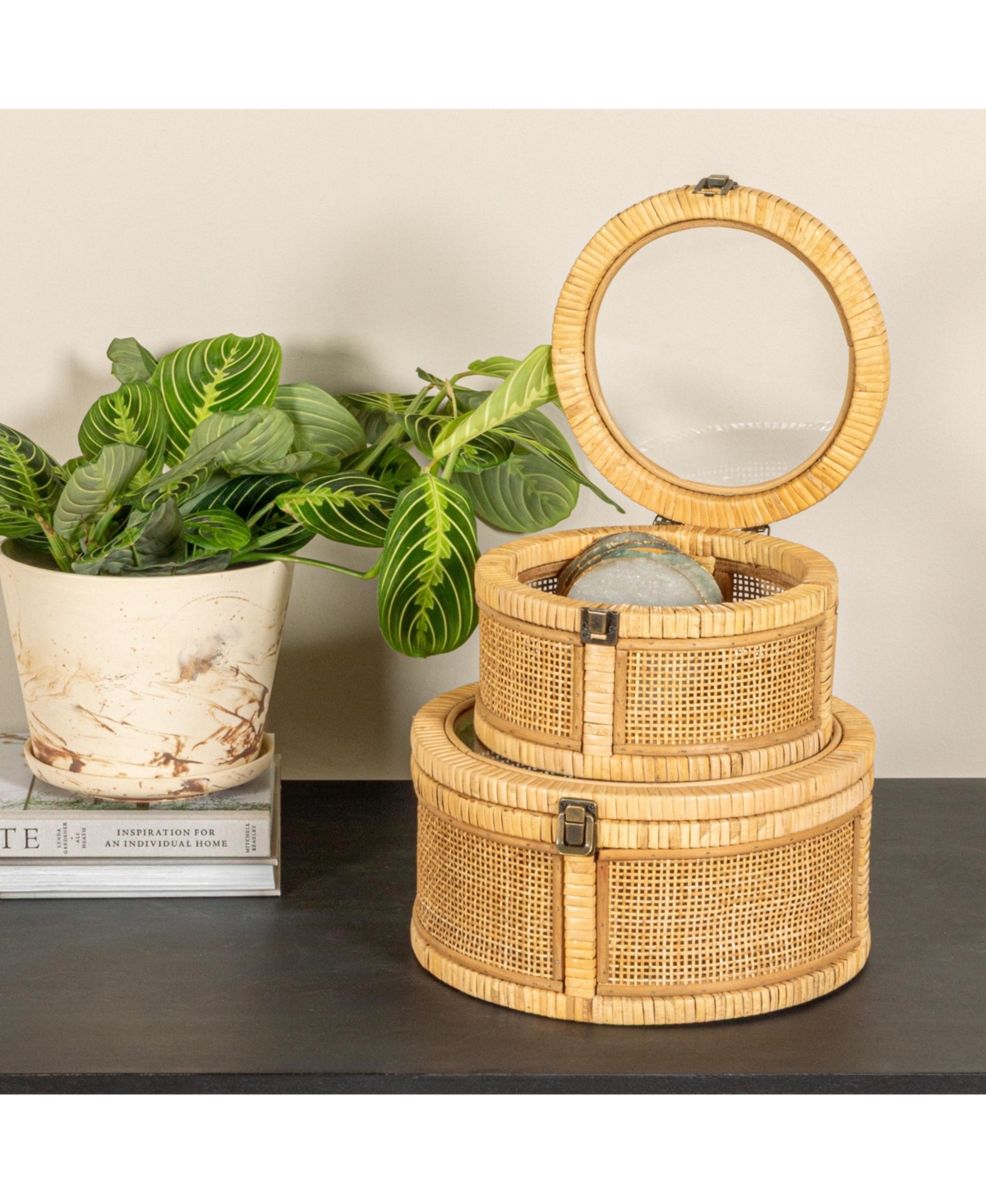 Storied Home Rattan and Bamboo Nestable Round Storage with Glass Lids, Natural, Set of 2