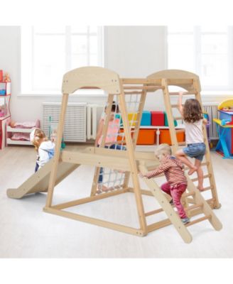 6-in-1 Indoor Jungle Gym Kids Wooden Playground with Monkey Bars-Natural.