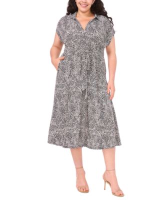 Plus Size Short-Sleeve Printed Midi Shirt Dress