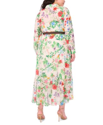 Plus Size Long-Sleeve Floral Print Belted Maxi Shirt Dress