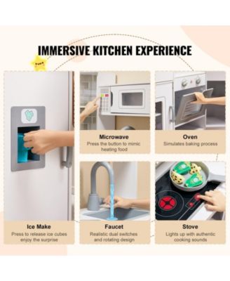 Corner Wooden Play Kitchen, Toy Set with Lights & Sounds, Ice Maker, Oven, Sink, Clock, Microwave, Fridge & Accessories