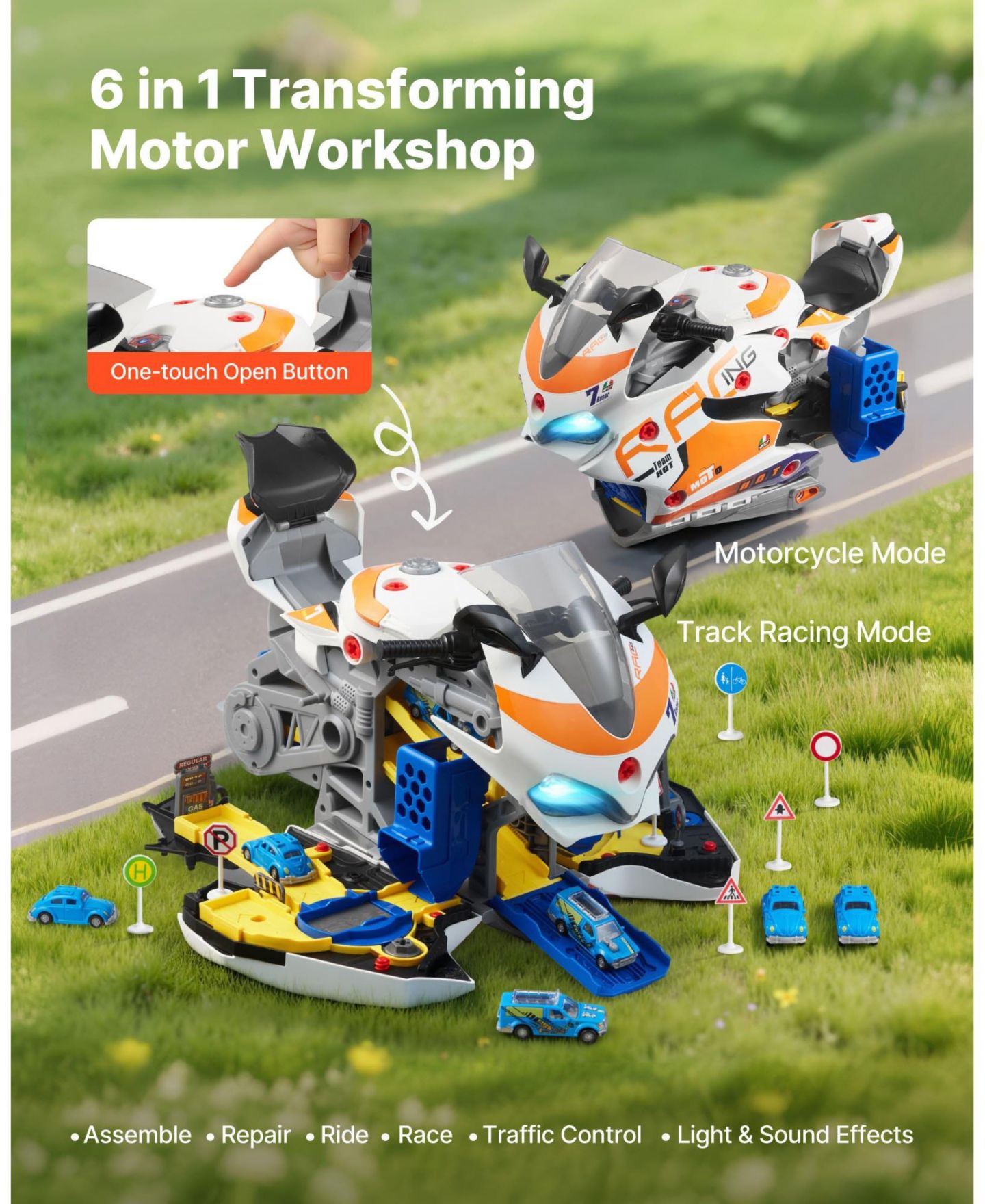 Детские игрушки Mecale Motorcycle Engine 6-in-1 Transforming 25-Piece Toy with Lights & Sounds, цвет: Синий — фото 6