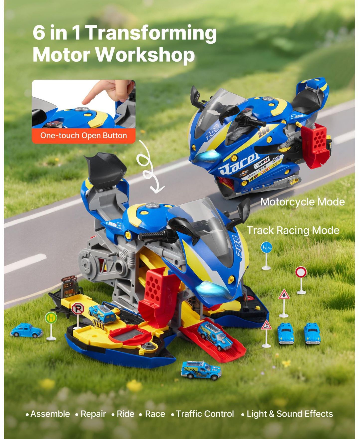 Детский игровой набор Mecale Motorcycle 6-in-1 Transforming Lights & Sounds Racing Track 25-Piece Playset, Ages 3+, цвет: Синий — фото 5