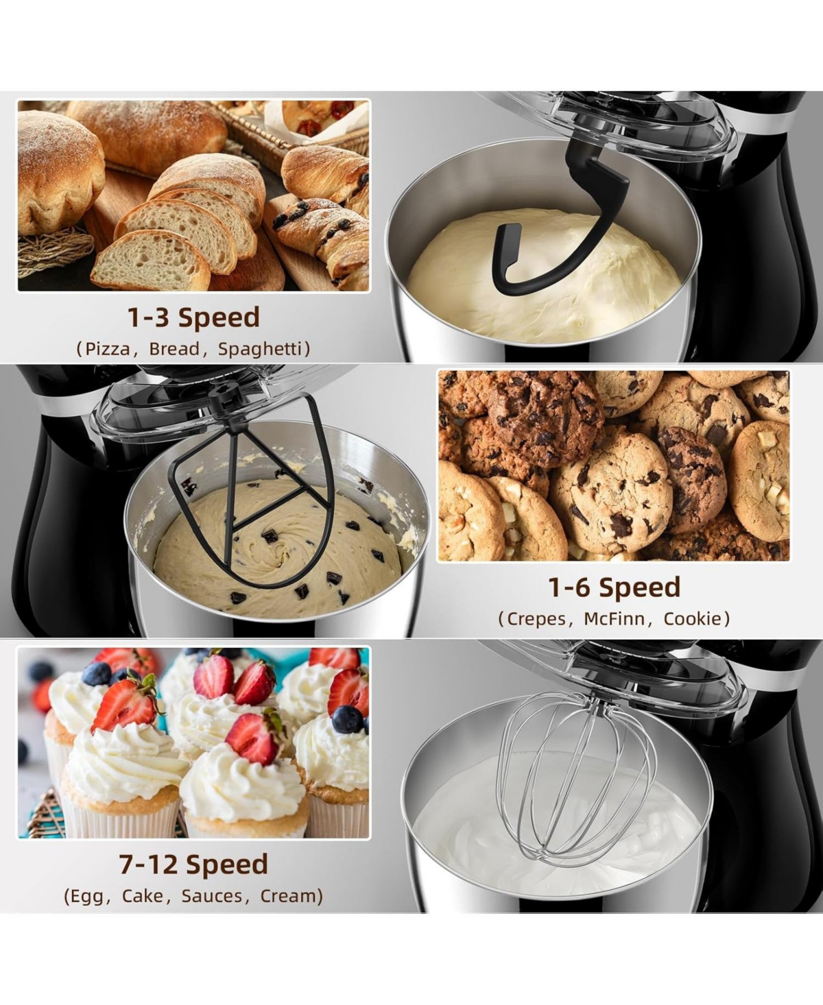 Cowsar Stand Mixer, 12 Speeds Tilt-Head Electric Commercial Stand Mixer, 3-In-1 Kitchen Mixer with Bowl, Dough Hook