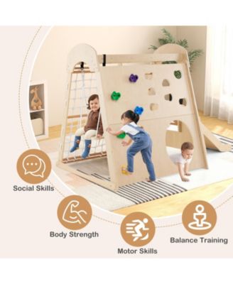 8-in-1 Indoor Wooden Jungle Gym Playground with Swing and Climbing Wall – Natural