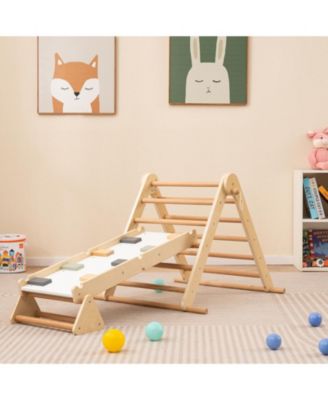 3-in-1 Foldable Pikler Triangle Climbing Set with Ramp – Natural Montessori Toys