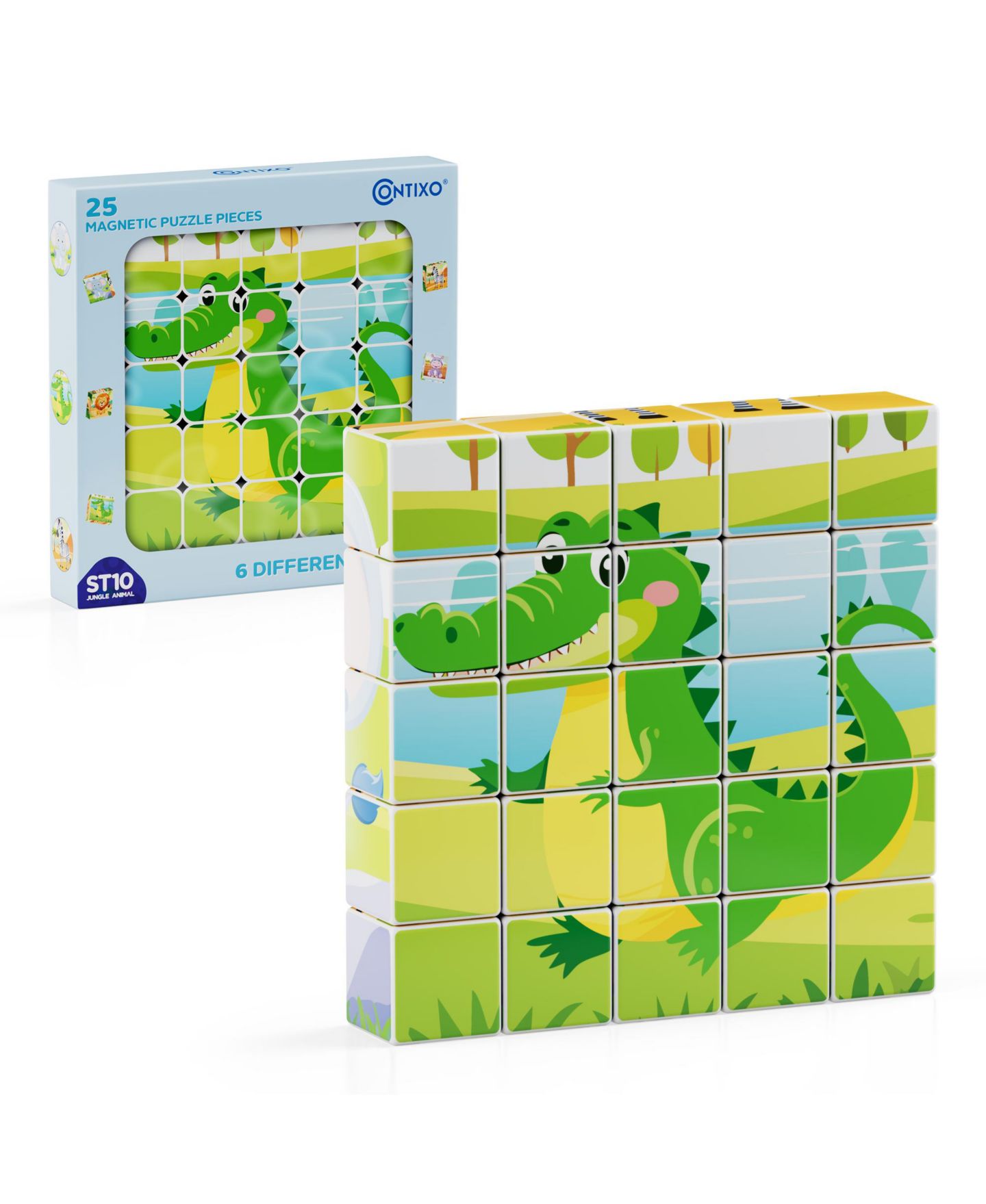 Детские игрушки Contixo ST10 Magnetic Jungle Animal Puzzle Blocks - 25-Piece Stem Learning Toy, 6-in-1 Puzzles for Kids Ages 3+, цвет: Разноцветный — фото 1