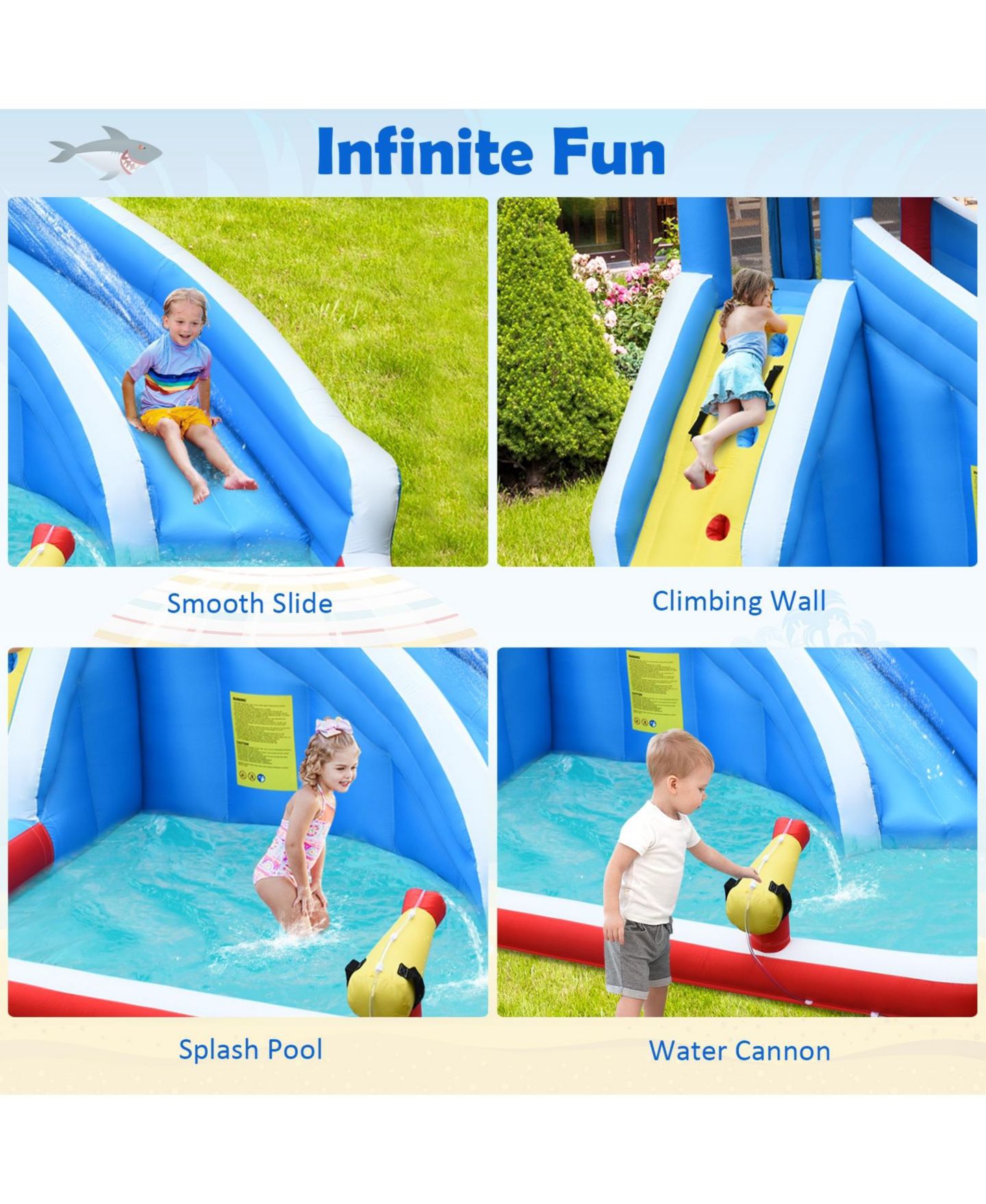 Детская игрушка SKONYON Shark Inflatable Bounce House with Water Slide & Climbing Wall, Ages 3-10, цвет: Синий — фото 8