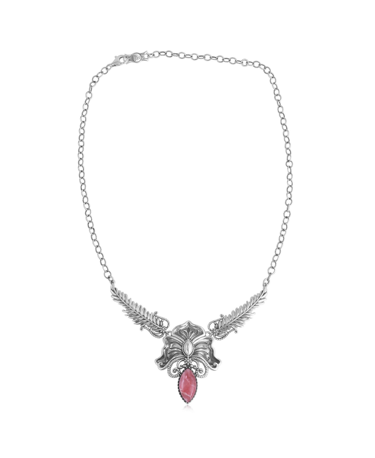 American West Jewelry Sterling Silver Rhodochrosite Cactus Flower Marquise Feather Necklace, 20 Inches