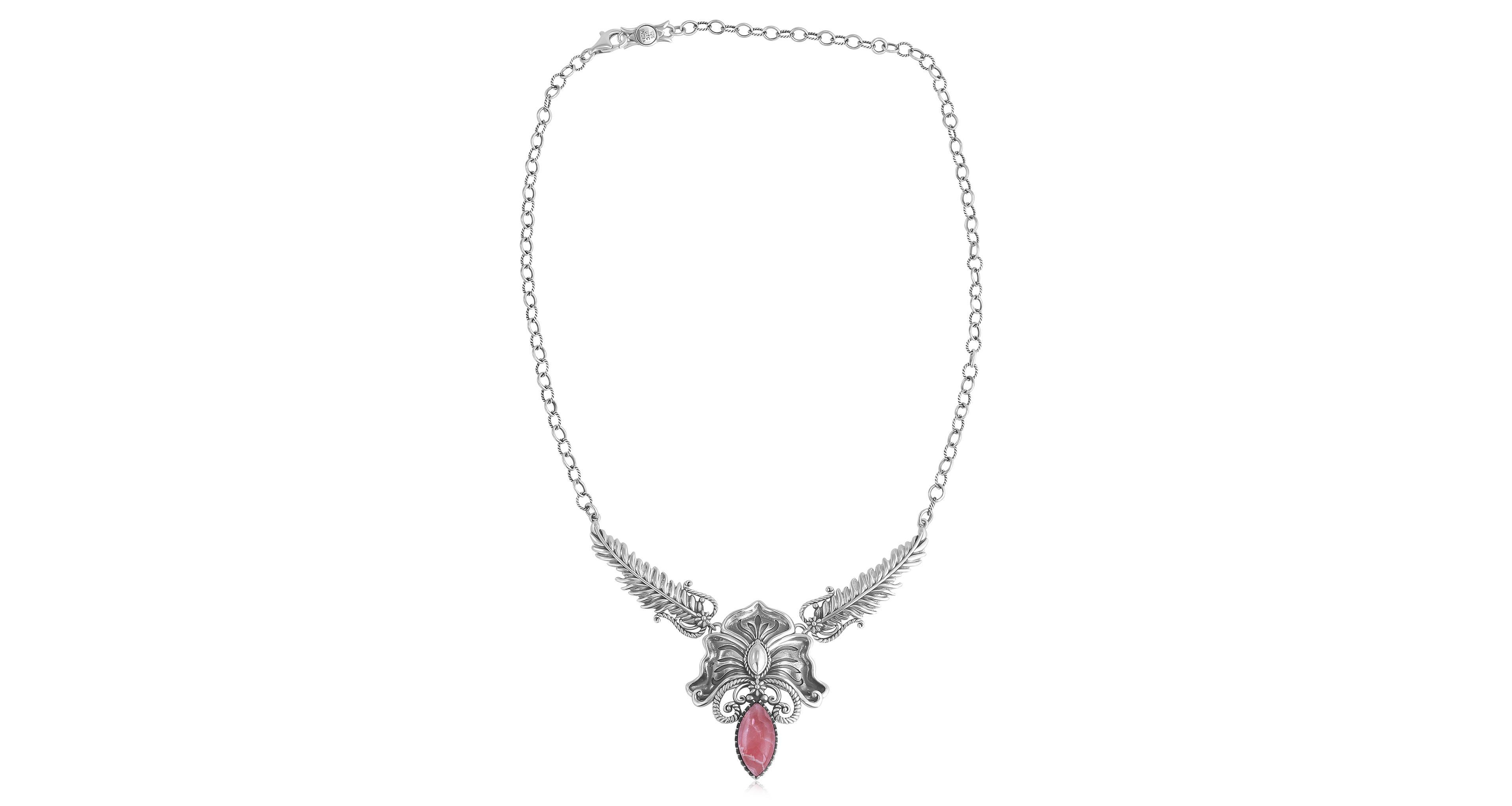 American West Jewelry Sterling Silver Rhodochrosite Cactus Flower Marquise Feather Necklace, 20 Inches