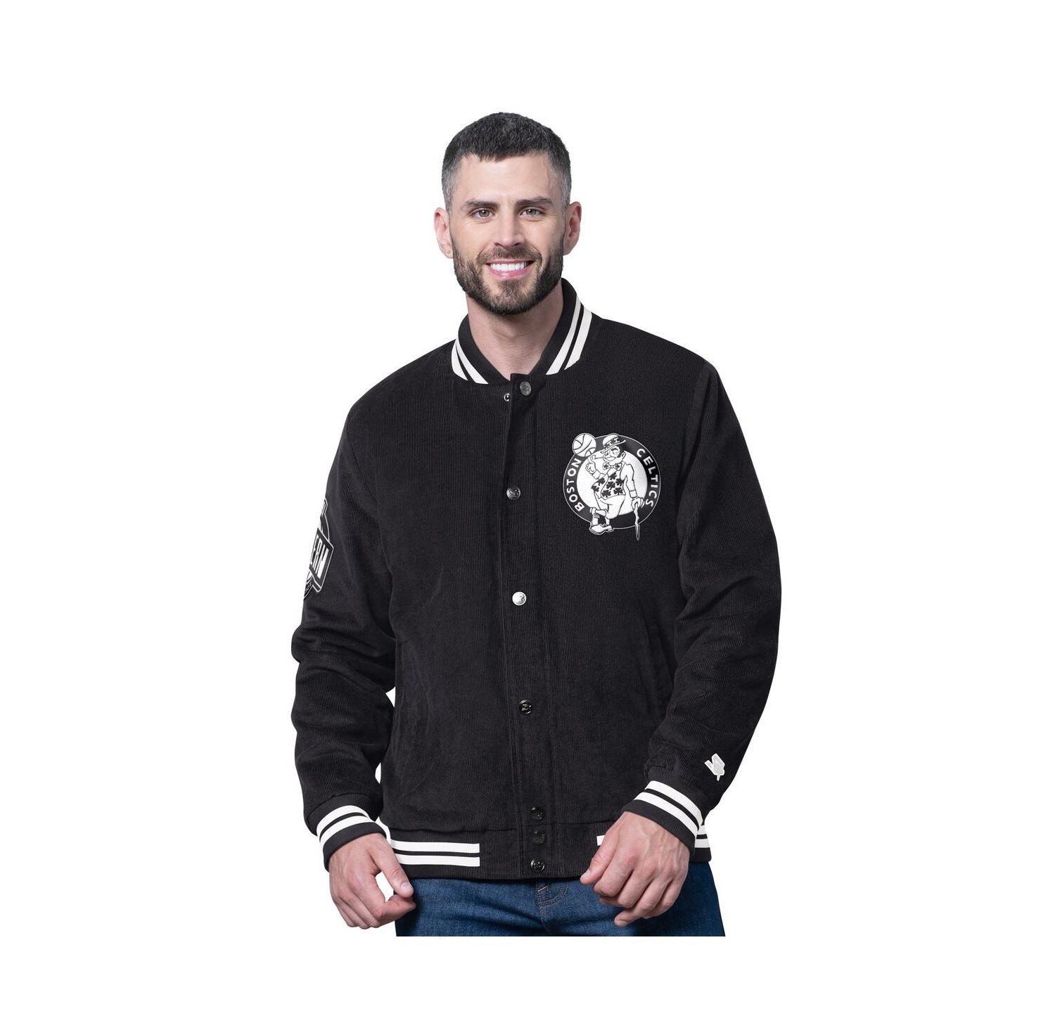 Men's Black Boston Celtics Blackout Corduroy Full-Snap Varsity Jacket