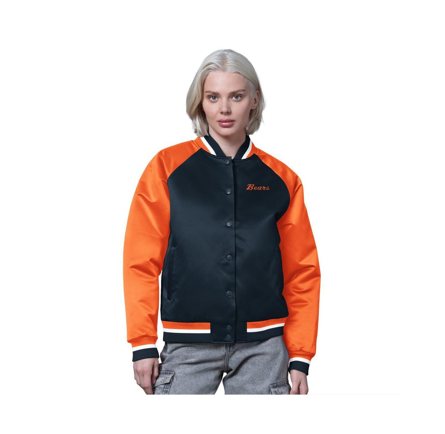 Women's Navy/Orange Chicago Bears Satin Full-Snap Vintage Varsity Jacket