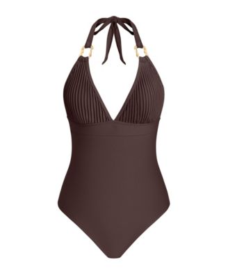 Women's Halter V Neck One Piece Swimsuit with Ring Detail
