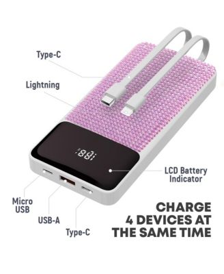 GabbaGoods 10,000mAh Rapid Charging Power Bank with LCD Battery Display, 2 Buillt-In Cables, Bling Design