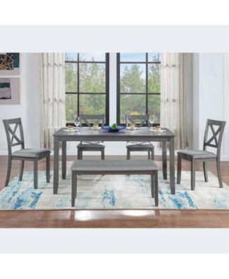 6-Piece Grey Kitchen Counter Set with Rectangular Wooden Dining Table 4 Padded Chairs and Bench