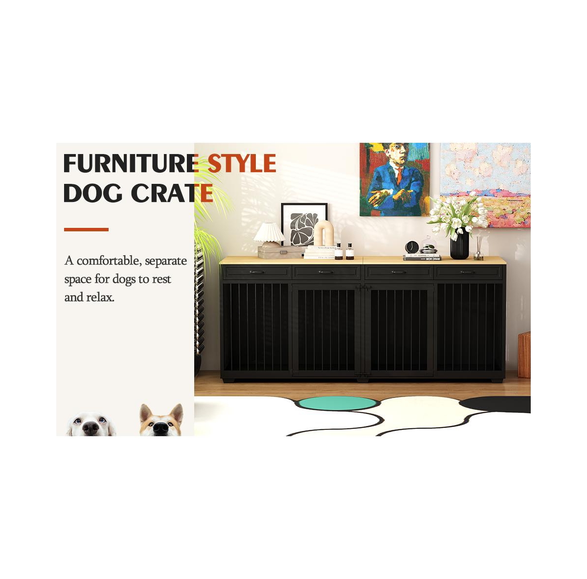 Homsee Dog Crate Furniture, 92.9 in. Wooden Dog Crate Kennel with 4 Drawers