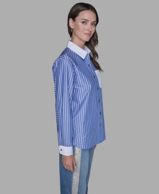 Women's Stripe Contrast Front Button Collar Blouse