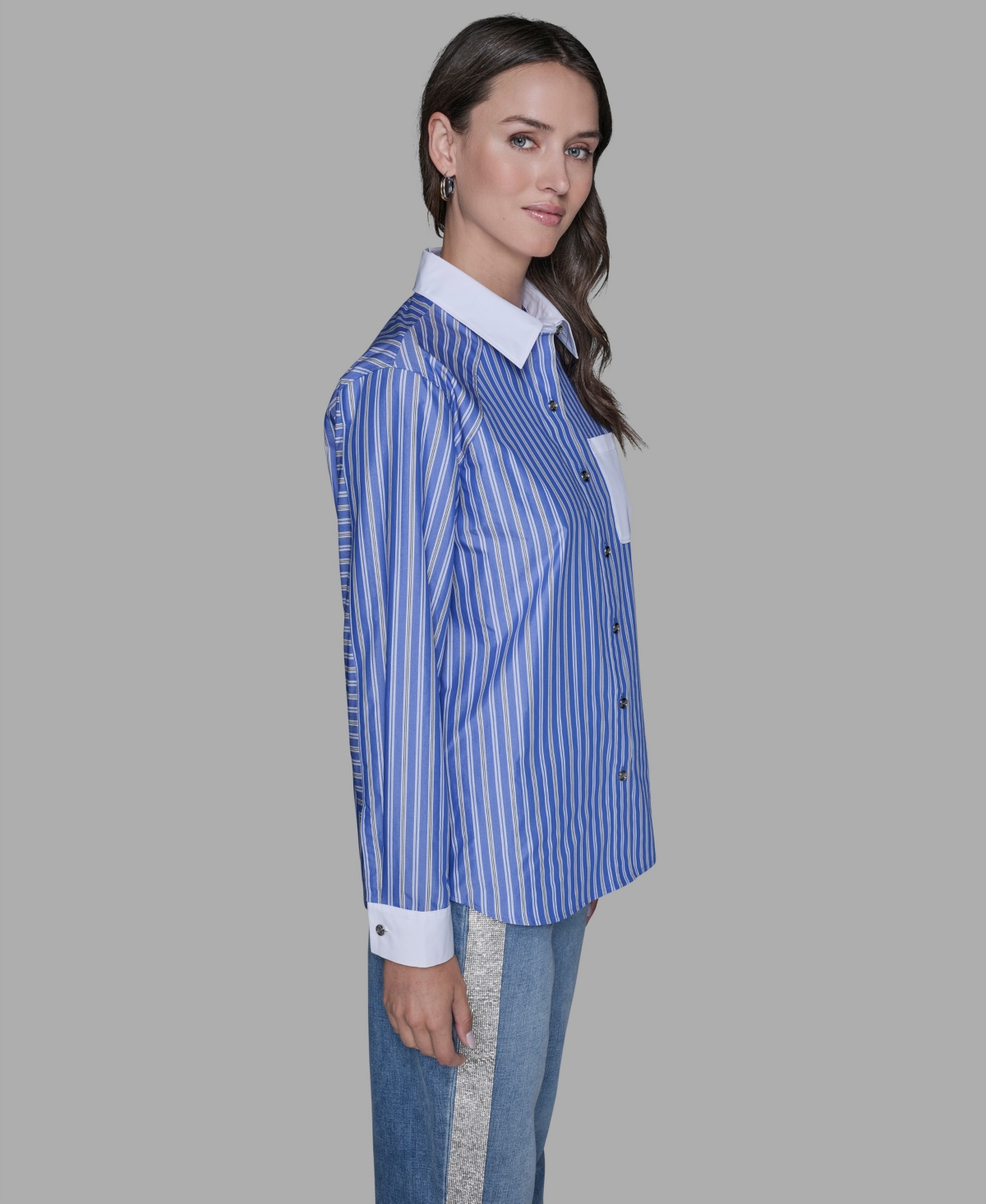 Karl Lagerfeld Paris Women's Stripe Contrast Front Button Collar Blouse