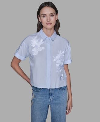 KARL LAGERFELD PARIS - Women's Short-Sleeve Striped Floral Poplin Blouse