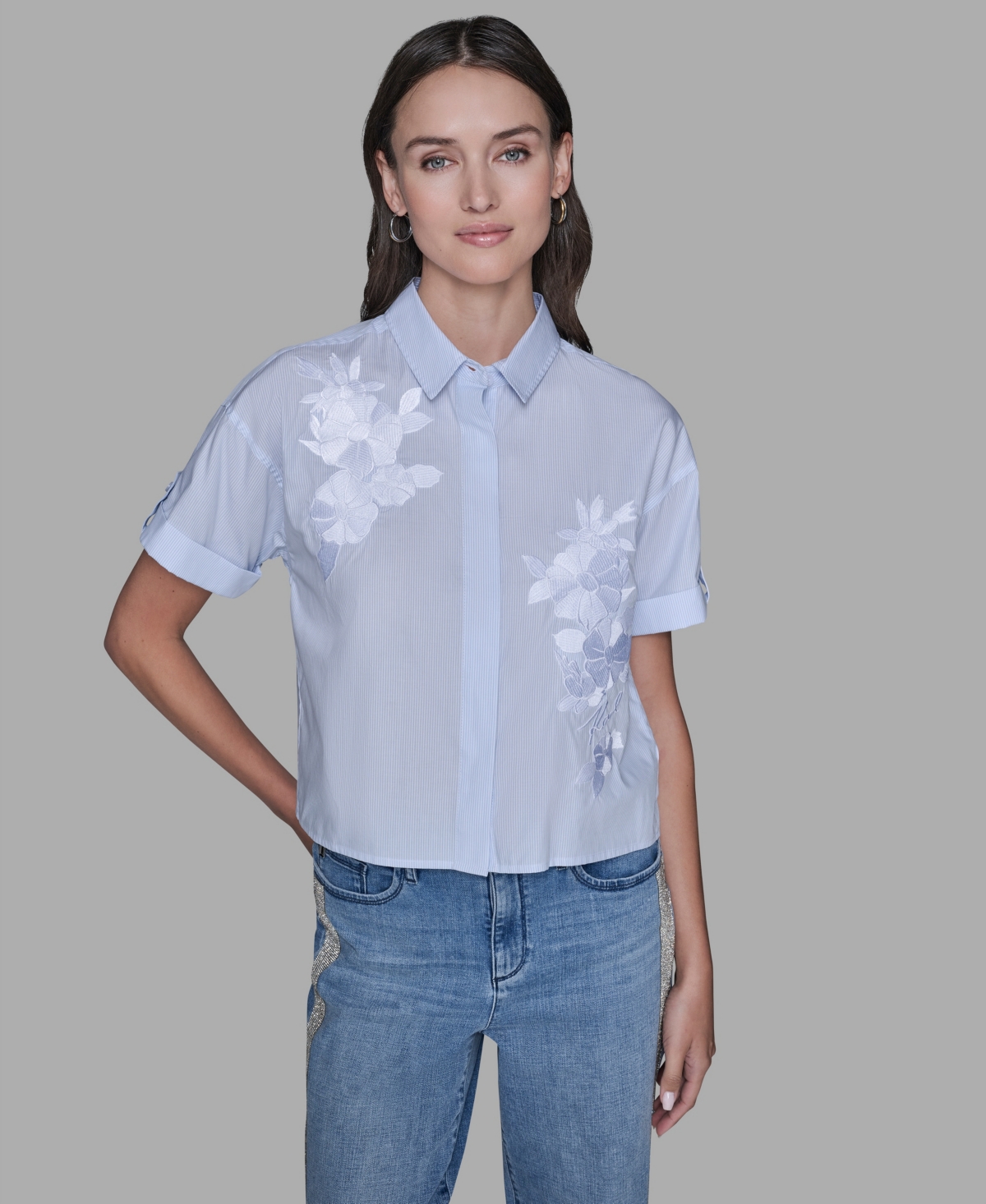 Karl Lagerfeld Women's Short-sleeve Striped Floral Poplin Blouse