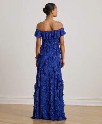 Women's Print Ruffle-Trim Off-the-Shoulder Gown