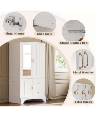 White Wardrobe Closet with Mirror and Doors, Drawers and Shelves, Wooden Armoire Storage Cabinet with Hanging Rod for Bedroom