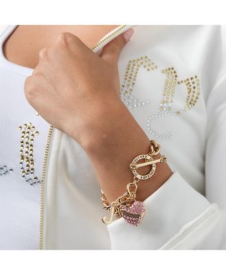 Pink Pave Heart Toggle Bracelet, Gold Tone Curb Chain