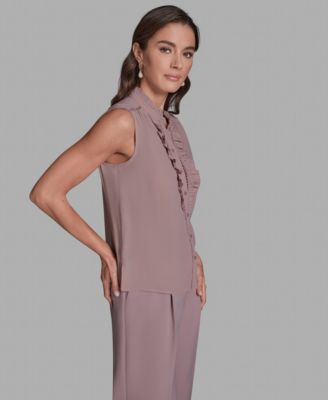 Women's Sleeveless Button Front Ruffle Top