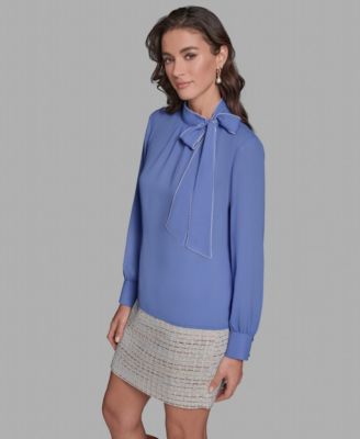 Women's Contrast Tie Neck Long-Sleeve Top