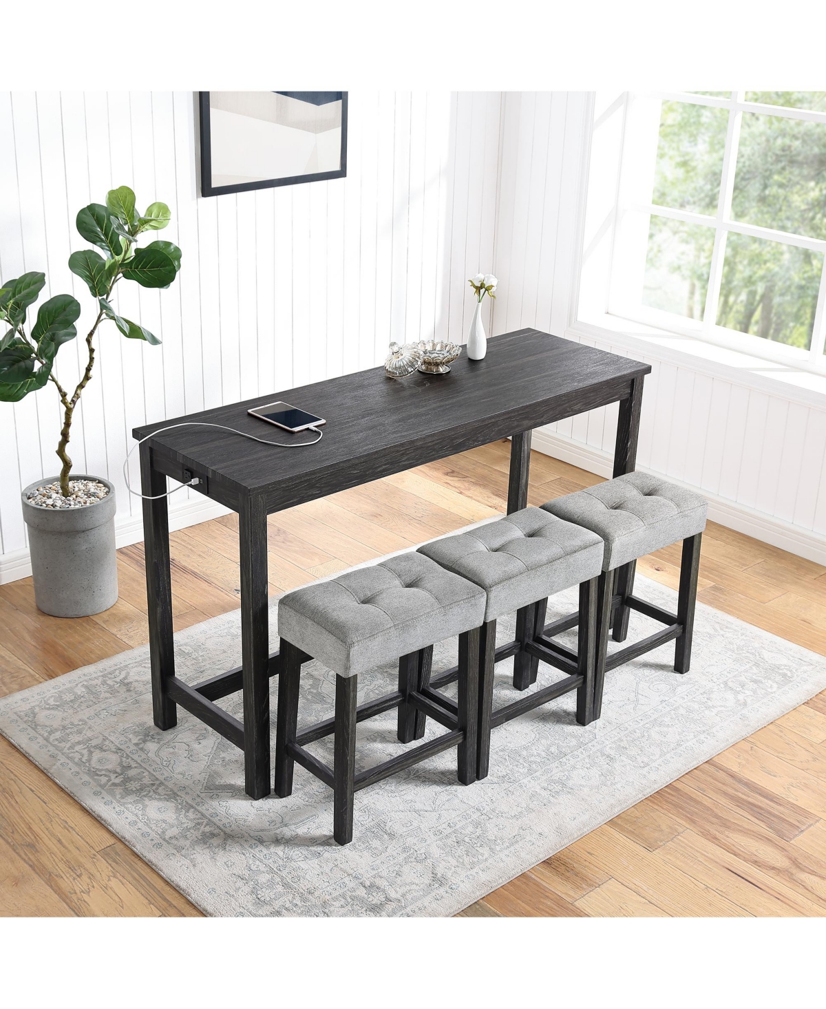 Casainc Industrial 4-Piece Bar Table Set with Power Outlet and Chairs Brown
