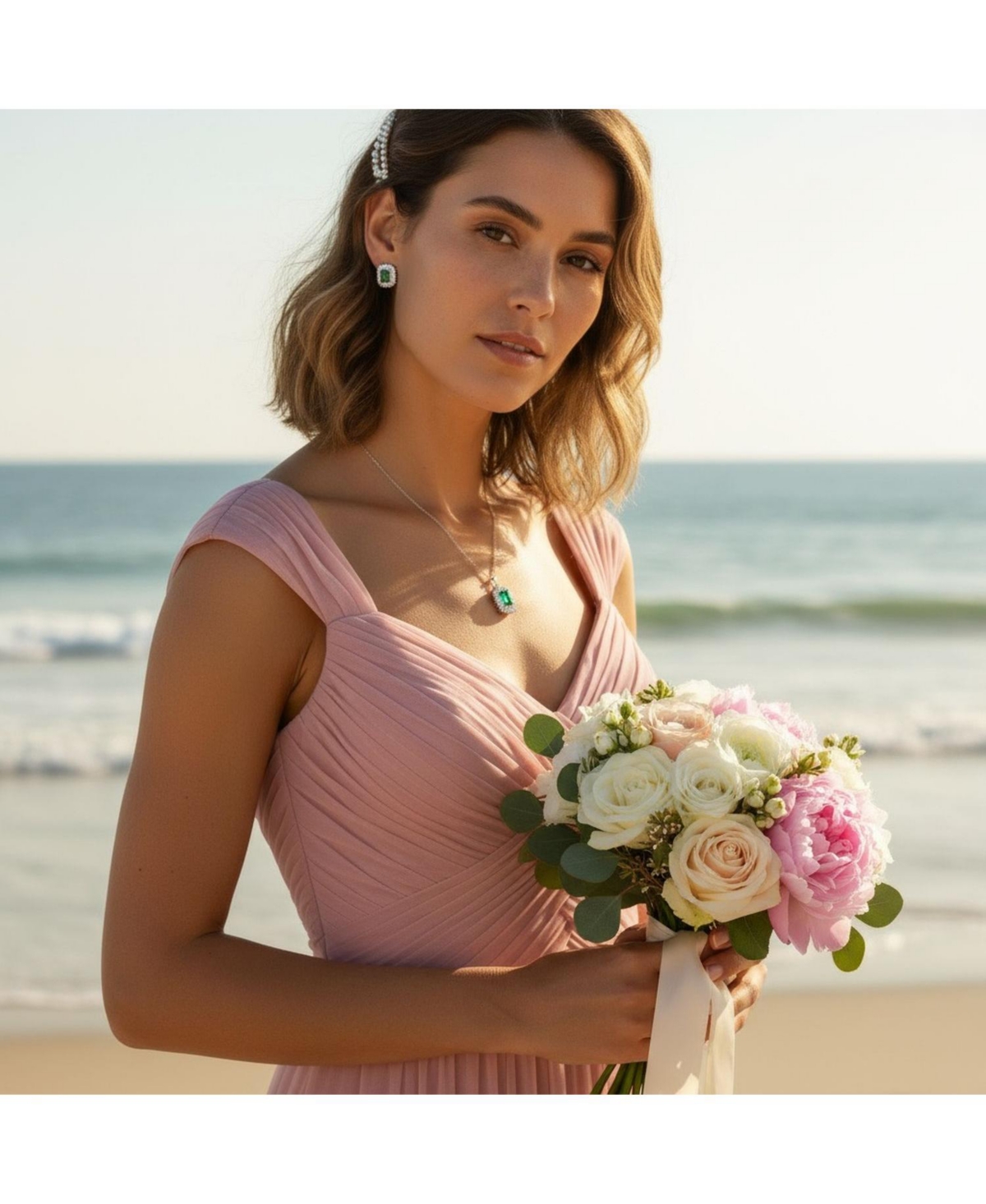 Bling Jewelry Art Deco Jewelry Green Cz Pendant Necklace & Baguette Cubic Zirconia Halo Stud Earrings Jewelry Set