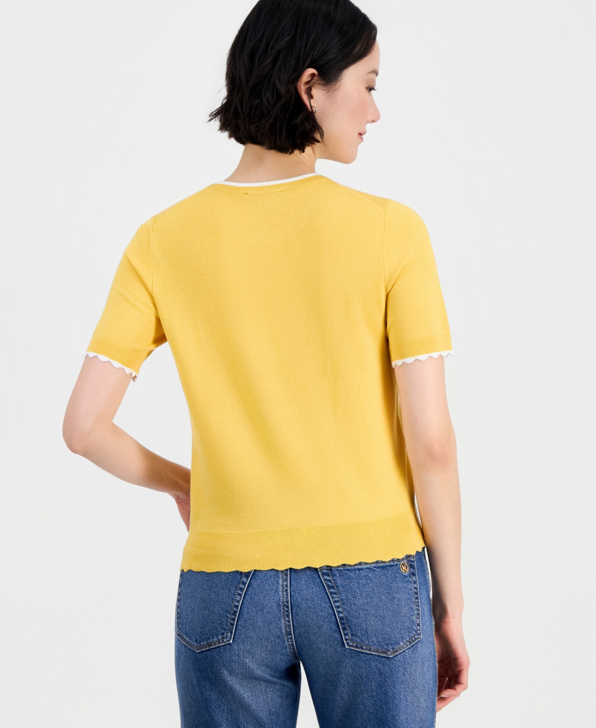 Nautica Women's Scallop-Trim Short Sleeve Crewneck Sweater